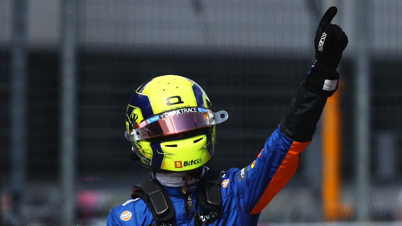 SPIELBERG, AUSTRIA - JULY 03: Second place qualifier Lando Norris of Great Britain and McLaren F1 celebrates in parc ferme during qualifying ahead of the F1 Grand Prix of Austria at Red Bull Ring on July 03, 2021 in Spielberg, Austria. (Photo by Bryn Lennon/Getty Images)