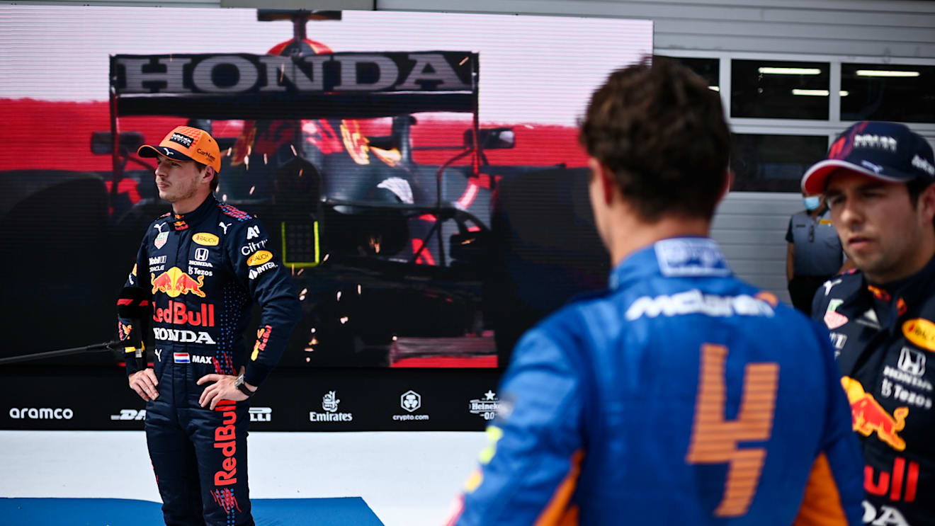 SPIELBERG, AUSTRIA - JULY 03: Pole position qualifier Max Verstappen of Netherlands and Red Bull Racing talks to the media in parc ferme during qualifying ahead of the F1 Grand Prix of Austria at Red Bull Ring on July 03, 2021 in Spielberg, Austria. (Photo by Christian Bruna - Pool/Getty Images)