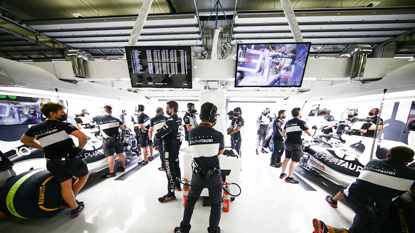 SPIELBERG, AUSTRIA - JULY 03: Scuderia AlphaTauri garage during qualifying ahead of the F1 Grand Prix of Austria at Red Bull Ring on July 03, 2021 in Spielberg, Austria. (Photo by Peter Fox/Getty Images)