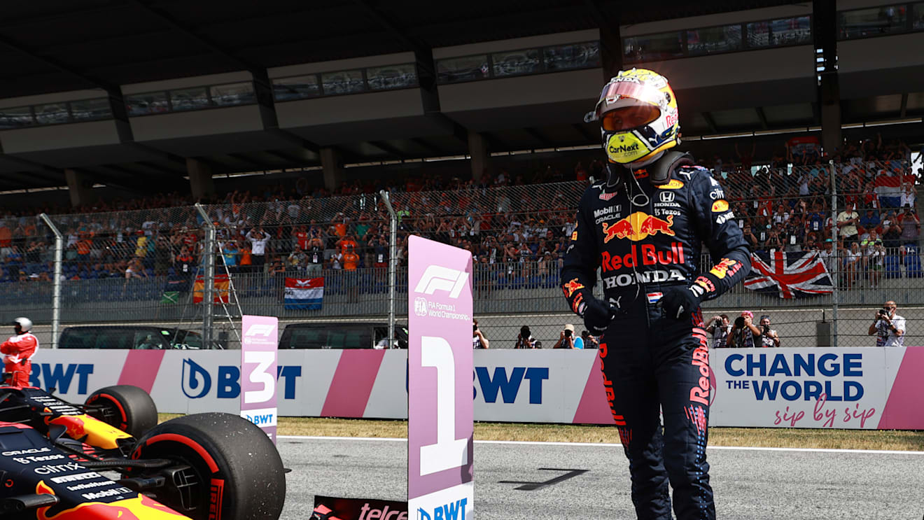 SPIELBERG, AUSTRIA - JULY 03: Pole position qualifier Max Verstappen of Netherlands and Red Bull Racing celebrates in parc ferme during qualifying ahead of the F1 Grand Prix of Austria at Red Bull Ring on July 03, 2021 in Spielberg, Austria. (Photo by Mark Thompson/Getty Images)