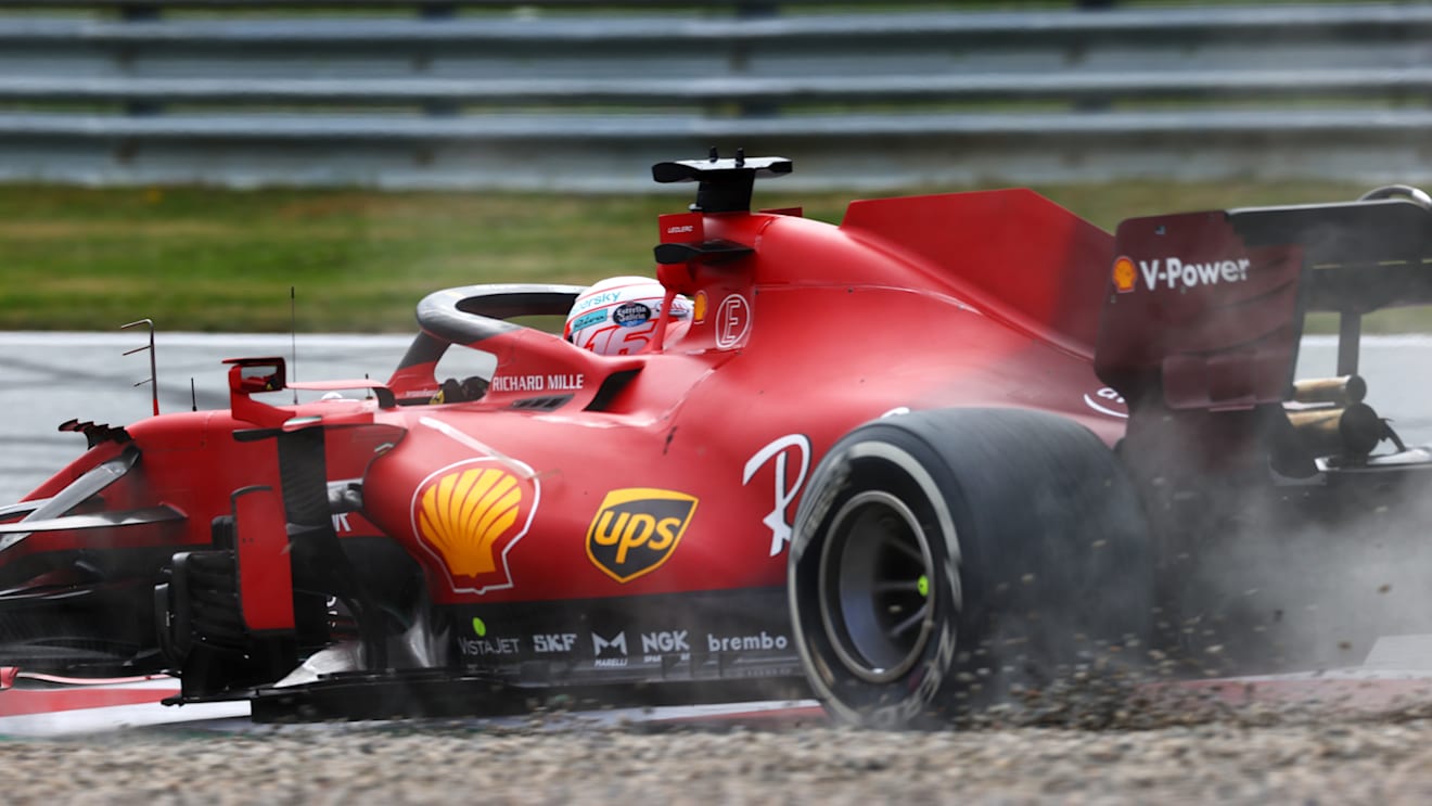 SPIELBERG, AUSTRIA - JULY 04: Charles Leclerc of Monaco driving the (16) Scuderia Ferrari SF21 runs wide during the F1 Grand Prix of Austria at Red Bull Ring on July 04, 2021 in Spielberg, Austria. (Photo by Clive Mason - Formula 1/Formula 1 via Getty Images)