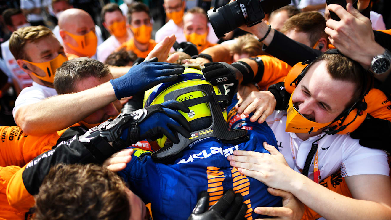 SPIELBERG, AUSTRIA - JULY 04: Third placed Lando Norris of Great Britain and McLaren F1 celebrates in parc ferme during the F1 Grand Prix of Austria at Red Bull Ring on July 04, 2021 in Spielberg, Austria. (Photo by Christian Bruna - Pool/Getty Images)