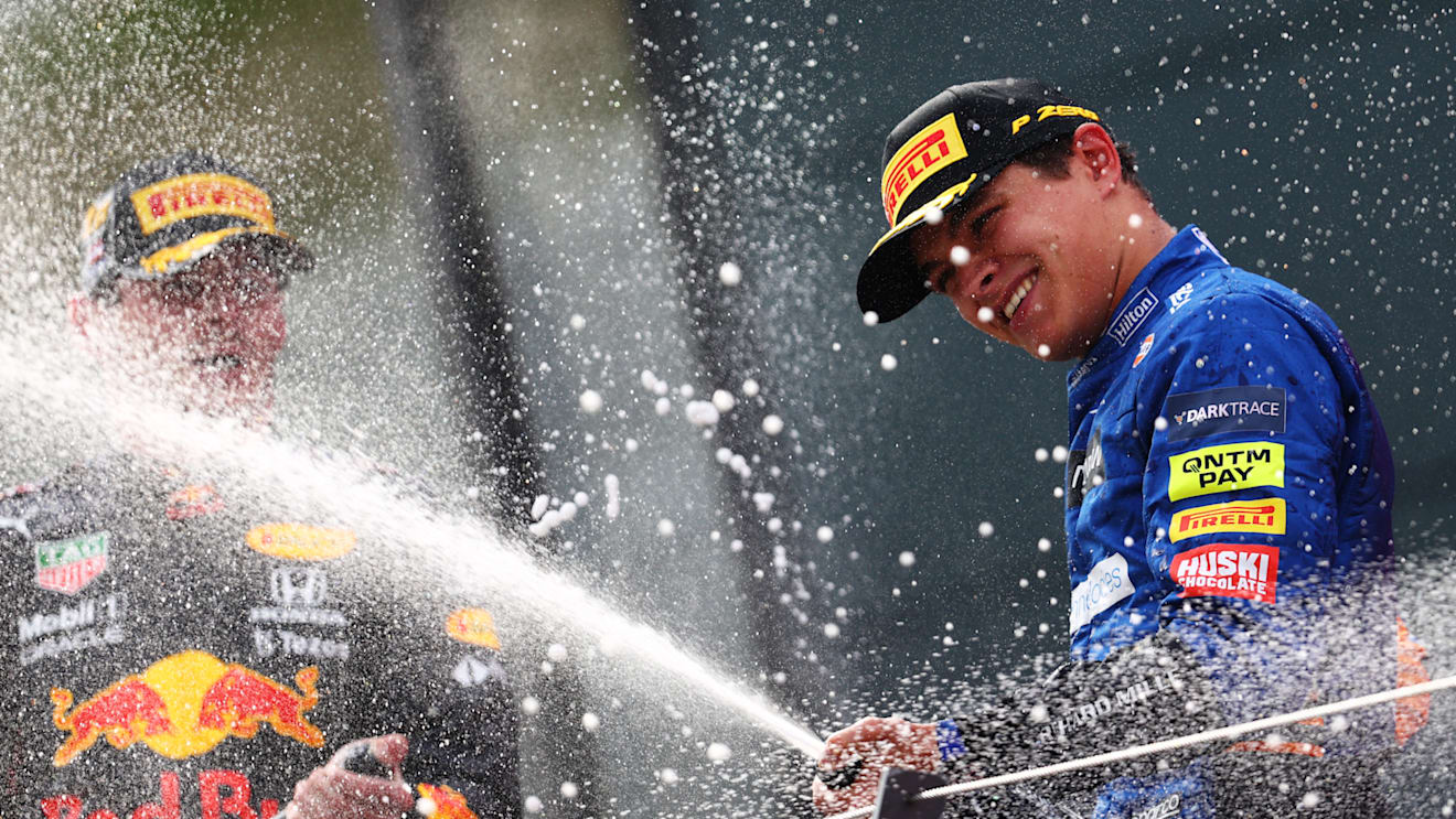 SPIELBERG, AUSTRIA - JULY 04: Third placed Lando Norris of Great Britain and McLaren F1 celebrates on the podium during the F1 Grand Prix of Austria at Red Bull Ring on July 04, 2021 in Spielberg, Austria. (Photo by Clive Rose/Getty Images)