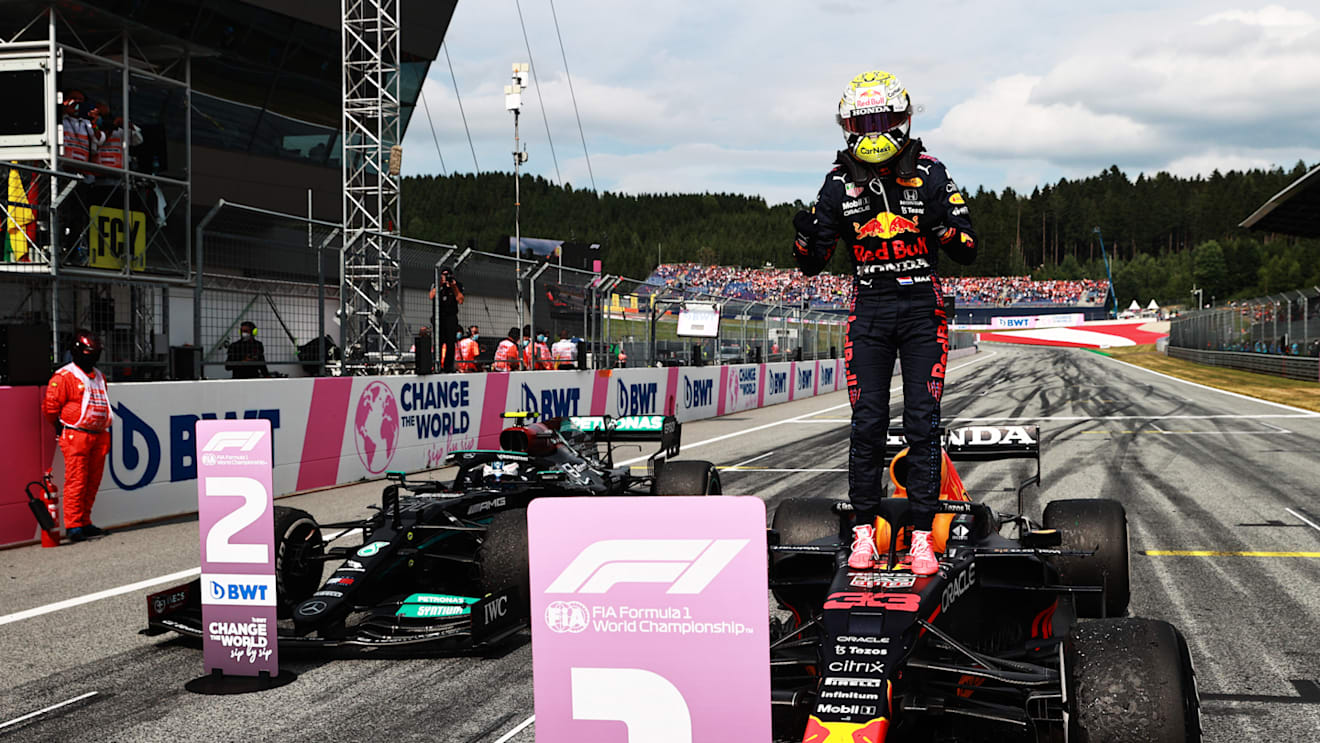 SPIELBERG, AUSTRIA - JULY 04: Race winner Max Verstappen of Netherlands and Red Bull Racing celebrates in parc ferme during the F1 Grand Prix of Austria at Red Bull Ring on July 04, 2021 in Spielberg, Austria. (Photo by Mark Thompson/Getty Images)