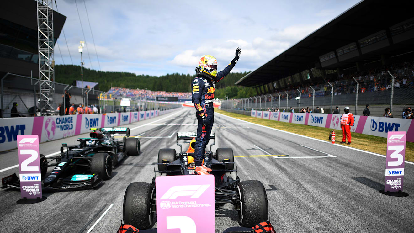 SPIELBERG, AUSTRIA - JULY 04: Race winner Max Verstappen of Netherlands and Red Bull Racing celebrates in parc ferme during the F1 Grand Prix of Austria at Red Bull Ring on July 04, 2021 in Spielberg, Austria. (Photo by Christian Bruna - Pool/Getty Images)