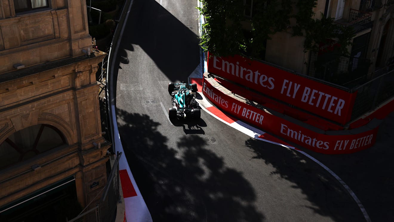 BAKU, AZERBAIJAN - JUNE 04: Lance Stroll of Canada driving the (18) Aston Martin AMR21 Mercedes on track during practice ahead of the F1 Grand Prix of Azerbaijan at Baku City Circuit on June 04, 2021 in Baku, Azerbaijan. (Photo by Dan Istitene - Formula 1/Formula 1 via Getty Images)
