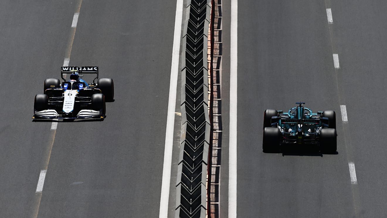 BAKU, AZERBAIJAN - JUNE 05: Nicholas Latifi of Canada driving the (6) Williams Racing FW43B Mercedes and Lance Stroll of Canada driving the (18) Aston Martin AMR21 Mercedes on track during final practice ahead of the F1 Grand Prix of Azerbaijan at Baku City Circuit on June 05, 2021 in Baku, Azerbaijan. (Photo by Dan Mullan - Formula 1/Formula 1 via Getty Images)