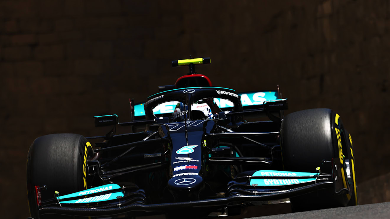 BAKU, AZERBAIJAN - JUNE 05: Valtteri Bottas of Finland driving the (77) Mercedes AMG Petronas F1 Team Mercedes W12 on track during final practice ahead of the F1 Grand Prix of Azerbaijan at Baku City Circuit on June 05, 2021 in Baku, Azerbaijan. (Photo by Francois Nel/Getty Images)