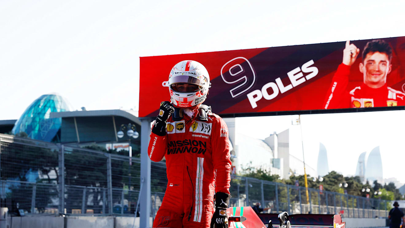 BAKU, AZERBAIJAN - JUNE 05: Pole position qualifier Charles Leclerc of Monaco and Ferrari celebrates in parc ferme during qualifying ahead of the F1 Grand Prix of Azerbaijan at Baku City Circuit on June 05, 2021 in Baku, Azerbaijan. (Photo by Maxim Shemetov - Pool/Getty Images)