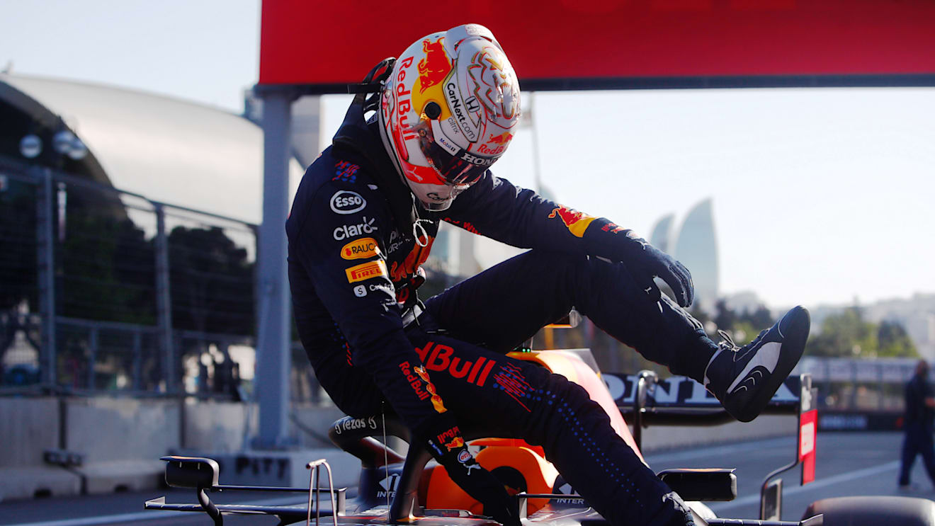 BAKU, AZERBAIJAN - JUNE 05: Third placed Max Verstappen of Netherlands and Red Bull Racing climbs out of his car in parc ferme during qualifying ahead of the F1 Grand Prix of Azerbaijan at Baku City Circuit on June 05, 2021 in Baku, Azerbaijan. (Photo by Maxim Shemetov - Pool/Getty Images)