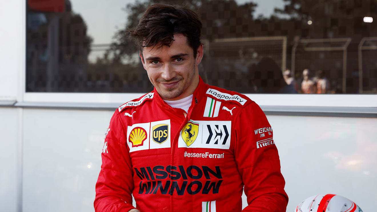 BAKU, AZERBAIJAN - JUNE 05: Pole position qualifier Charles Leclerc of Monaco and Ferrari celebrates in parc ferme during qualifying ahead of the F1 Grand Prix of Azerbaijan at Baku City Circuit on June 05, 2021 in Baku, Azerbaijan. (Photo by Maxim Shemetov - Pool/Getty Images)