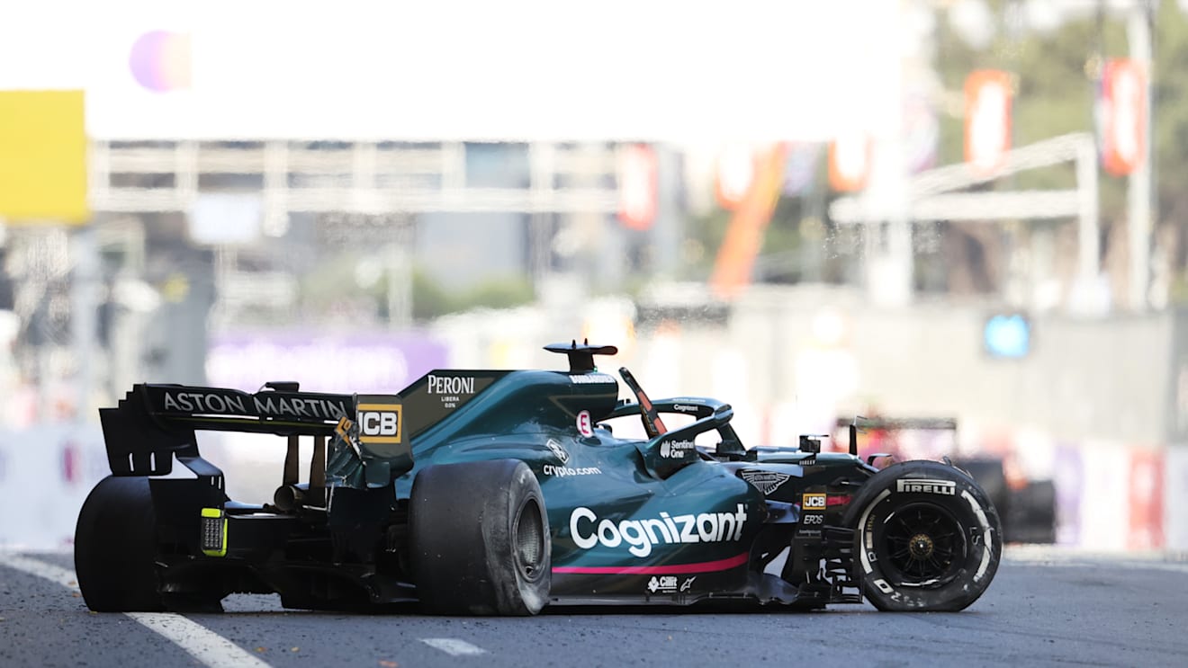 BAKU, AZERBAIJAN - JUNE 06: The broken car of Lance Stroll of Canada and Aston Martin F1 Team is seen on the track after a crash during the F1 Grand Prix of Azerbaijan at Baku City Circuit on June 06, 2021 in Baku, Azerbaijan. (Photo by Clive Rose/Getty Images)