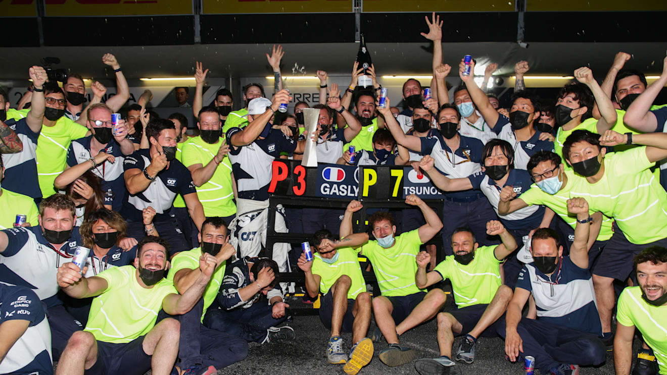 BAKU, AZERBAIJAN - JUNE 06: Scuderia AlphaTauri celebrate 3rd and 7th positions during the F1 Grand Prix of Azerbaijan at Baku City Circuit on June 06, 2021 in Baku, Azerbaijan. (Photo by Peter Fox/Getty Images)