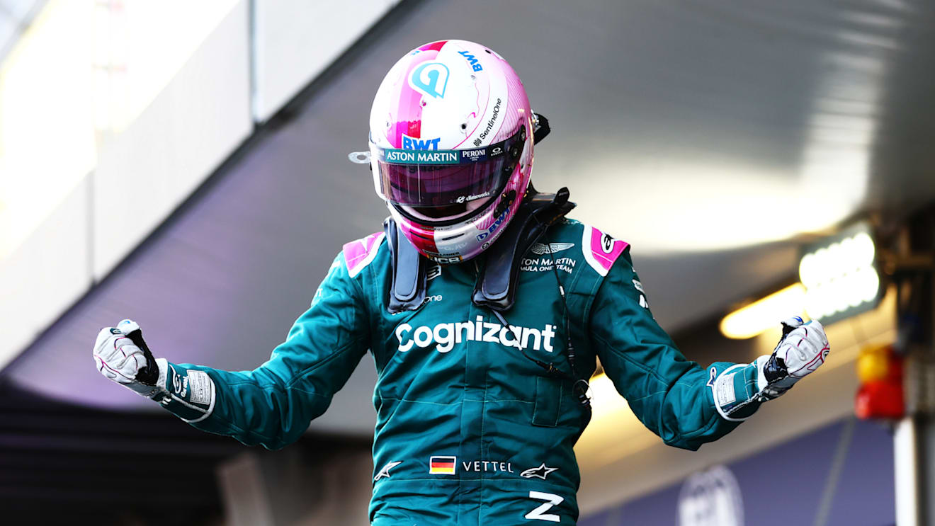 BAKU, AZERBAIJAN - JUNE 06: Second placed Sebastian Vettel of Germany and Aston Martin F1 Team celebrates in parc ferme during the F1 Grand Prix of Azerbaijan at Baku City Circuit on June 06, 2021 in Baku, Azerbaijan. (Photo by Dan Istitene - Formula 1/Formula 1 via Getty Images)