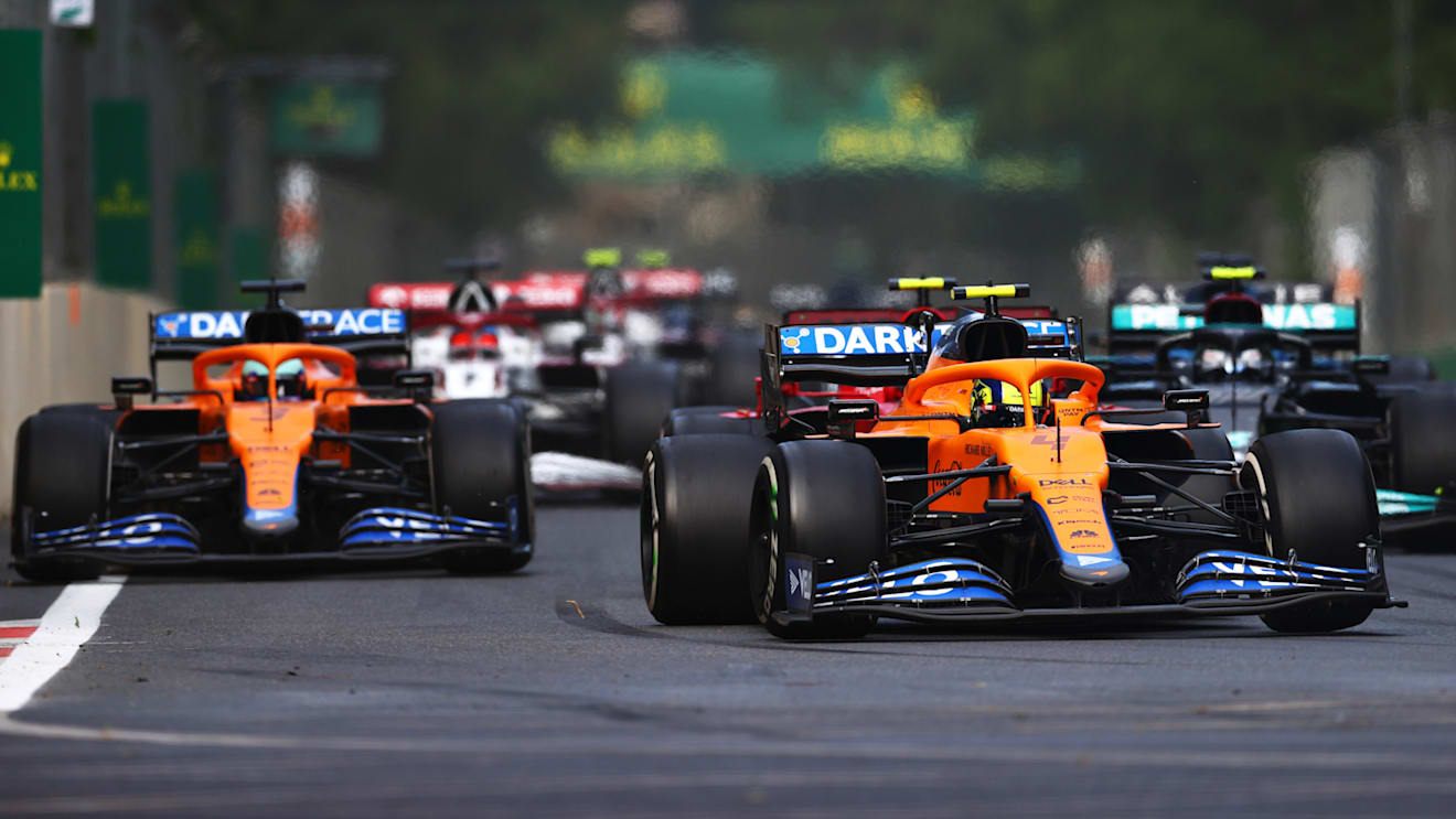 BAKU, AZERBAIJAN - JUNE 06: Lando Norris of Great Britain driving the (4) McLaren F1 Team MCL35M Mercedes during the F1 Grand Prix of Azerbaijan at Baku City Circuit on June 06, 2021 in Baku, Azerbaijan. (Photo by Dan Istitene - Formula 1/Formula 1 via Getty Images)