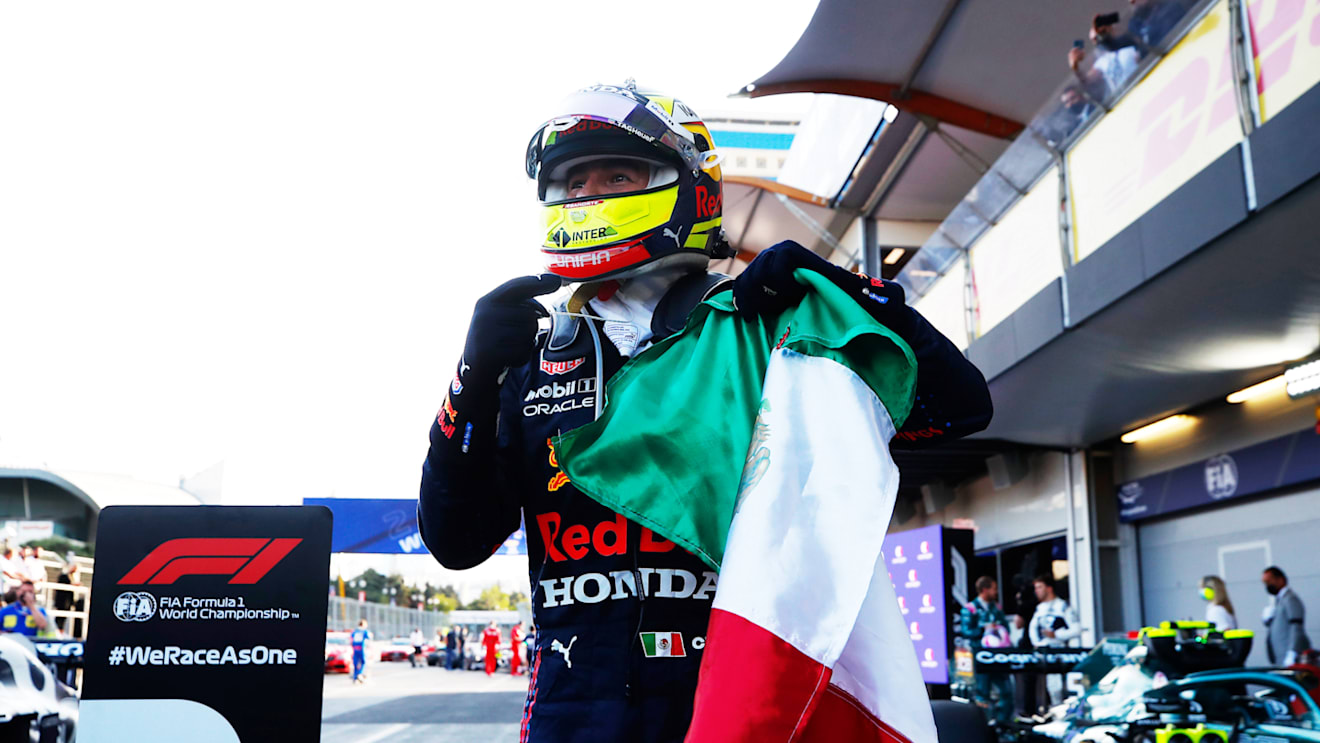 BAKU, AZERBAIJAN - JUNE 06: Race winner Sergio Perez of Mexico and Red Bull Racing celebrates in parc ferme during the F1 Grand Prix of Azerbaijan at Baku City Circuit on June 06, 2021 in Baku, Azerbaijan. (Photo by Maxim Shemetov - Pool/Getty Images)