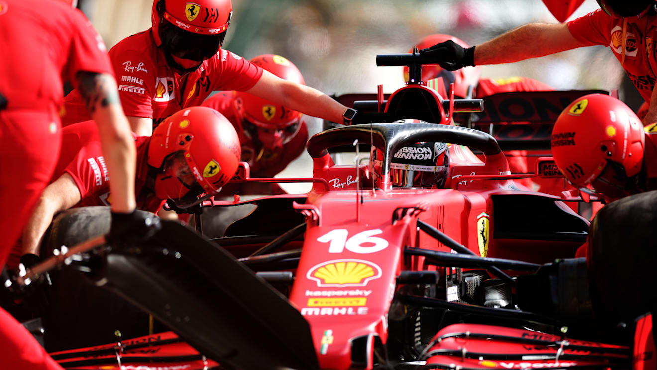 BAHRAIN, BAHRAIN - MARCH 26: Charles Leclerc of Monaco driving the (16) Scuderia Ferrari SF21 stops in the Pitlane during practice ahead of the F1 Grand Prix of Bahrain at Bahrain International Circuit on March 26, 2021 in Bahrain, Bahrain. (Photo by Peter Fox/Getty Images)