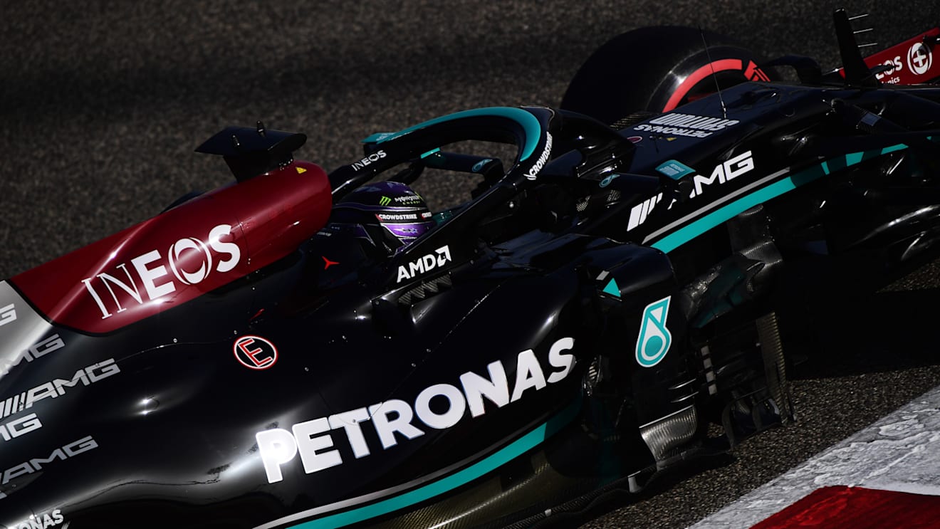 BAHRAIN, BAHRAIN - MARCH 27: Lewis Hamilton of Great Britain driving the (44) Mercedes AMG Petronas F1 Team Mercedes W12 on track during final practice ahead of the F1 Grand Prix of Bahrain at Bahrain International Circuit on March 27, 2021 in Bahrain, Bahrain. (Photo by Mario Renzi - Formula 1/Formula 1 via Getty Images)