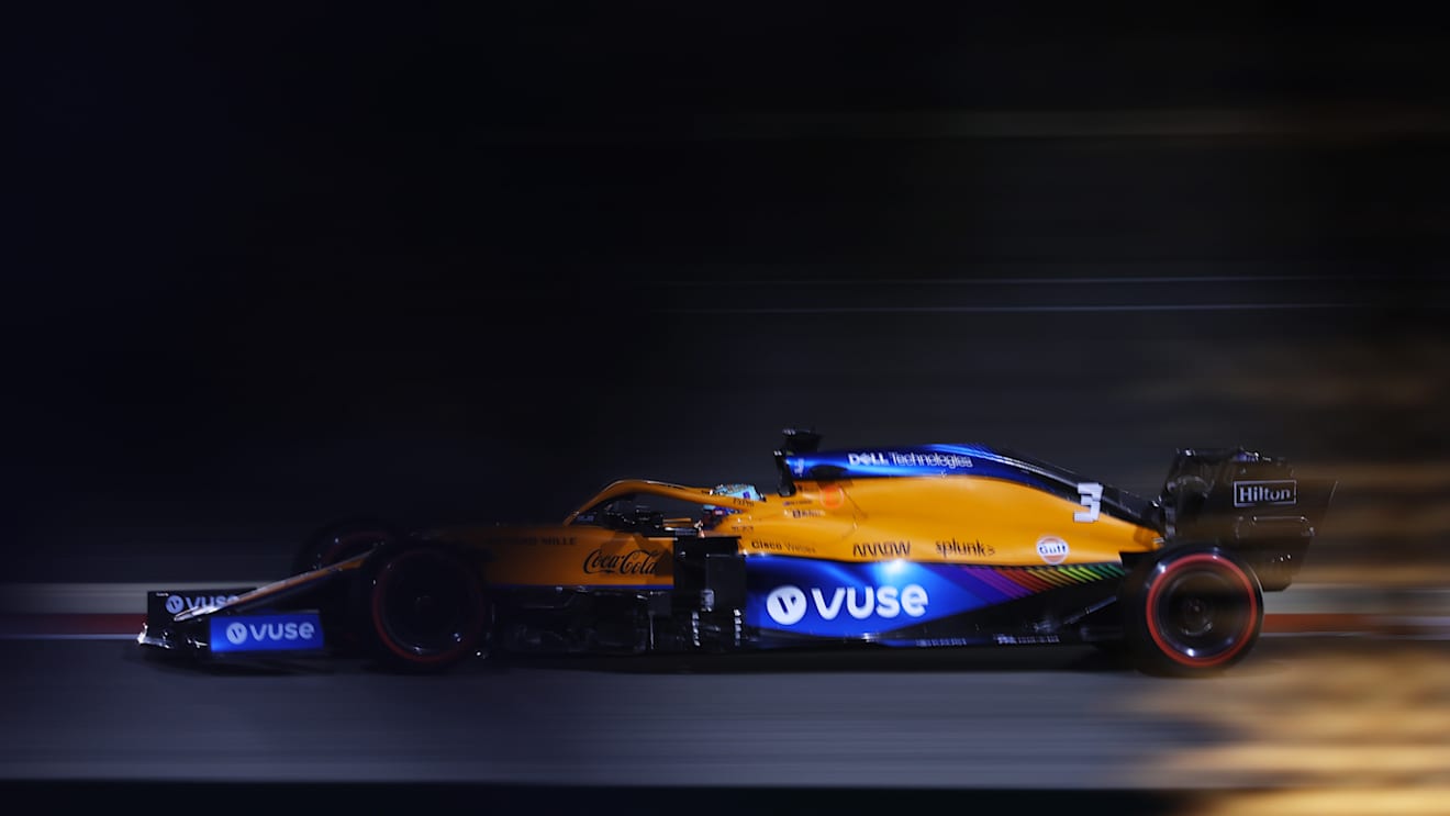 BAHRAIN, BAHRAIN - MARCH 27: Daniel Ricciardo of Australia driving the (3) McLaren F1 Team MCL35M Mercedes on track during qualifying ahead of the F1 Grand Prix of Bahrain at Bahrain International Circuit on March 27, 2021 in Bahrain, Bahrain. (Photo by Bryn Lennon/Getty Images)