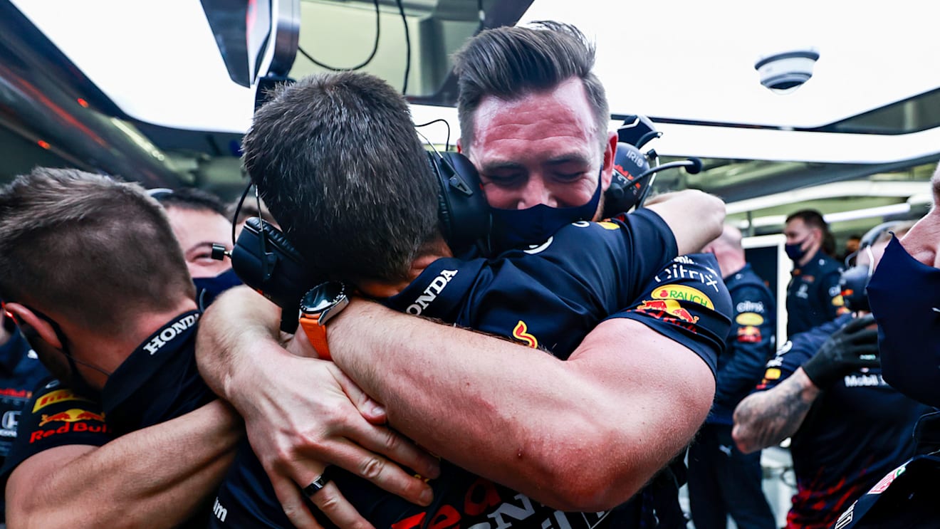 BAHRAIN, BAHRAIN - MARCH 27: The Red Bull Racing team celebrate the pole position of Max Verstappen of Netherlands and Red Bull Racing  during qualifying ahead of the F1 Grand Prix of Bahrain at Bahrain International Circuit on March 27, 2021 in Bahrain, Bahrain. (Photo by Mark Thompson/Getty Images)