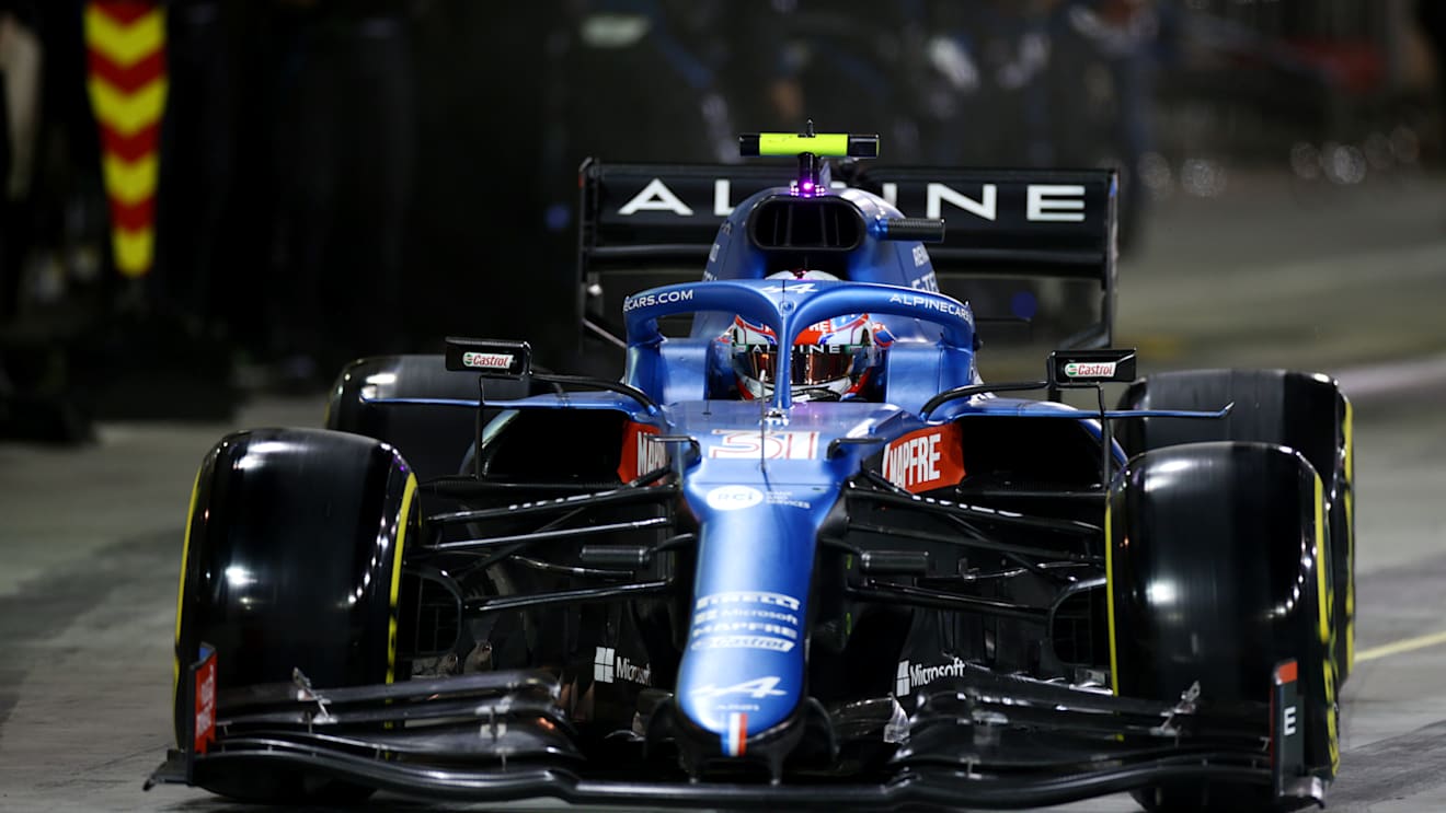BAHRAIN, BAHRAIN - MARCH 28: Esteban Ocon of France driving the (31) Alpine A521 Renault leaves the pitlane during the F1 Grand Prix of Bahrain at Bahrain International Circuit on March 28, 2021 in Bahrain, Bahrain. (Photo by Peter Fox/Getty Images)