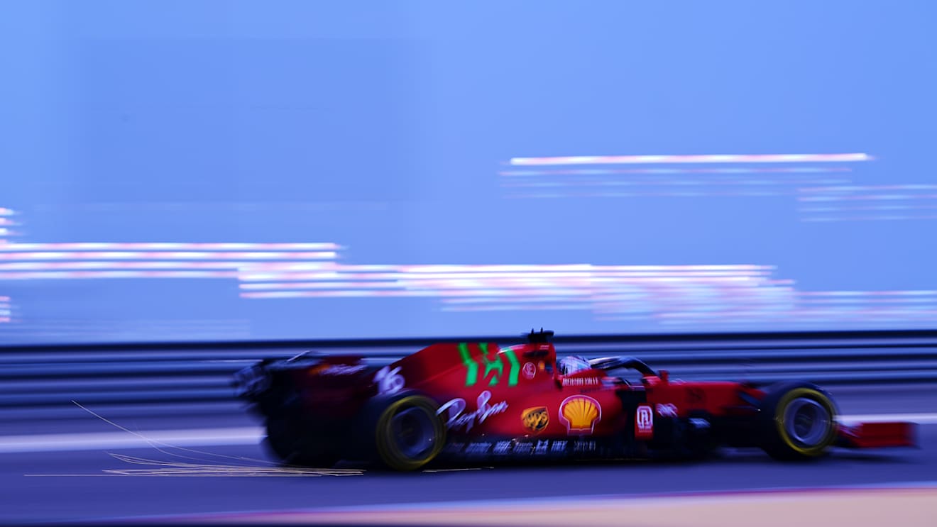 Leclerc's Ferrari contrasts with the Sakhir sky in the evening