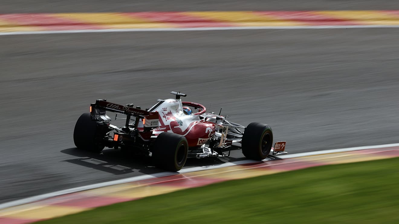 SPA, BELGIUM - AUGUST 27: Kimi Raikkonen of Finland driving the (7) Alfa Romeo Racing C41 Ferrari during practice ahead of the F1 Grand Prix of Belgium at Circuit de Spa-Francorchamps on August 27, 2021 in Spa, Belgium. (Photo by Lars Baron/Getty Images)