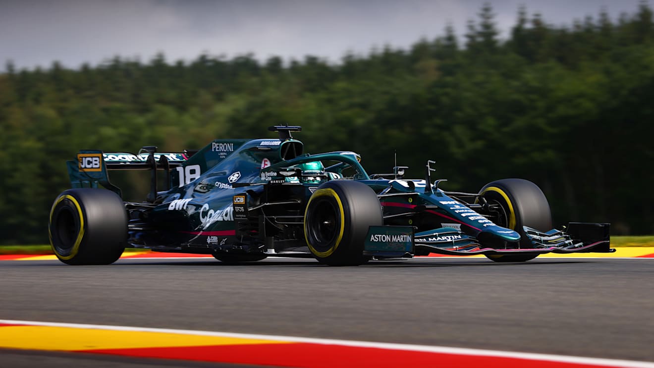 SPA, BELGIUM - AUGUST 27: Lance Stroll of Canada driving the (18) Aston Martin AMR21 Mercedes during practice ahead of the F1 Grand Prix of Belgium at Circuit de Spa-Francorchamps on August 27, 2021 in Spa, Belgium. (Photo by Dan Istitene - Formula 1/Formula 1 via Getty Images)