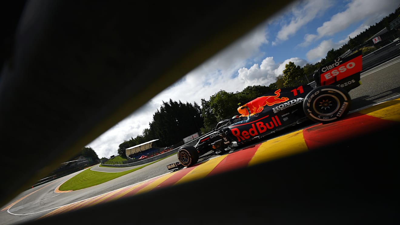 SPA, BELGIUM - AUGUST 27: Sergio Perez of Mexico driving the (11) Red Bull Racing RB16B Honda during practice ahead of the F1 Grand Prix of Belgium at Circuit de Spa-Francorchamps on August 27, 2021 in Spa, Belgium. (Photo by Dan Mullan/Getty Images)