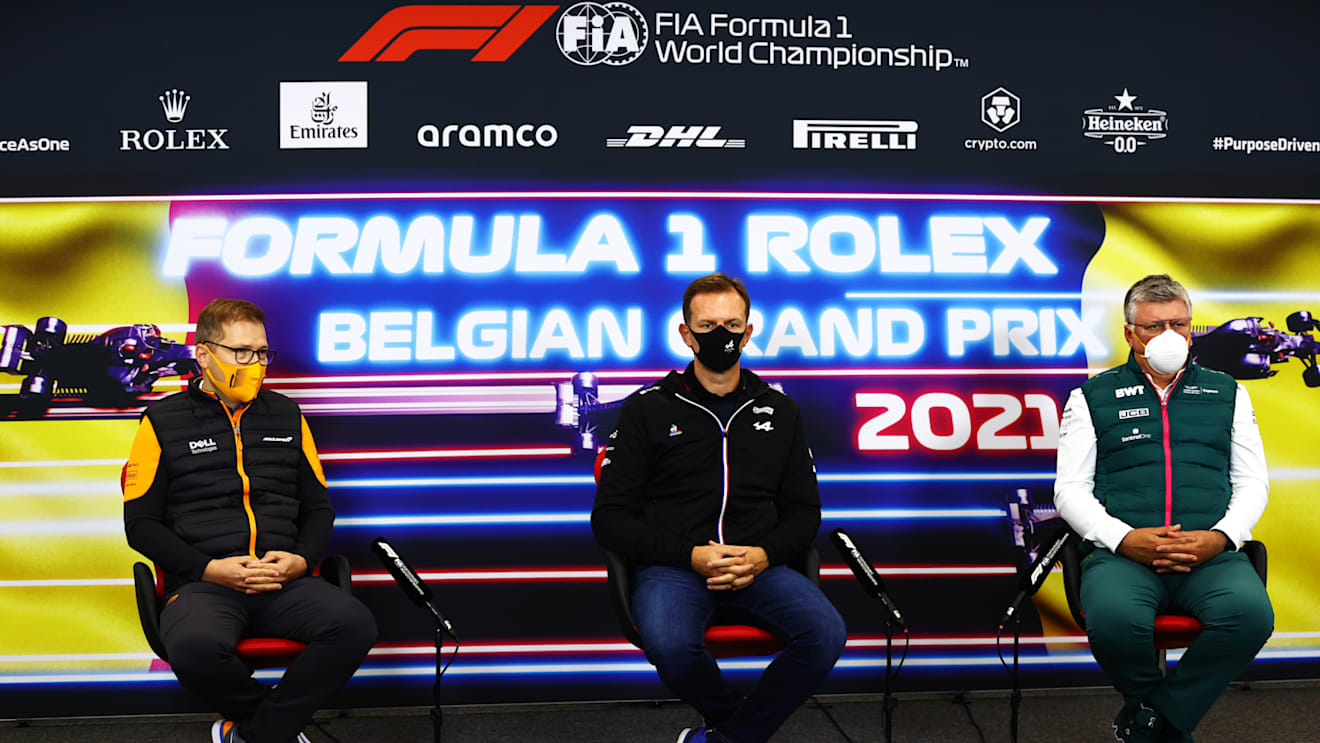 SPA, BELGIUM - AUGUST 27: McLaren Team Principal Andreas Seidl, Laurent Rossi, CEO of Alpine F1 and Otmar Szafnauer, Team Principal and Chief Executive Officer of Aston Martin F1 Team talk in the Team Principals Press Conference during practice ahead of the F1 Grand Prix of Belgium at Circuit de Spa-Francorchamps on August 27, 2021 in Spa, Belgium. (Photo by Dan Istitene/Getty Images)