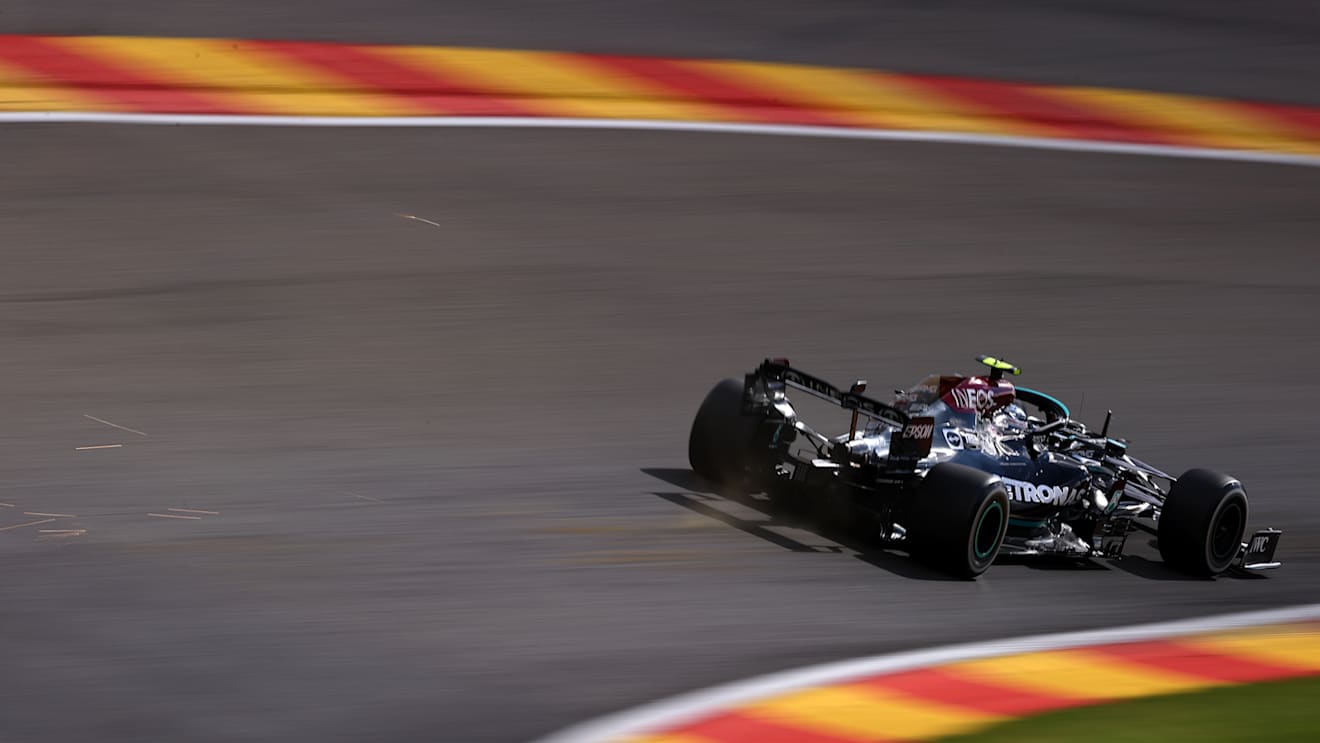 SPA, BELGIUM - AUGUST 27: Valtteri Bottas of Finland driving the (77) Mercedes AMG Petronas F1 Team Mercedes W12 during practice ahead of the F1 Grand Prix of Belgium at Circuit de Spa-Francorchamps on August 27, 2021 in Spa, Belgium. (Photo by Lars Baron/Getty Images)
