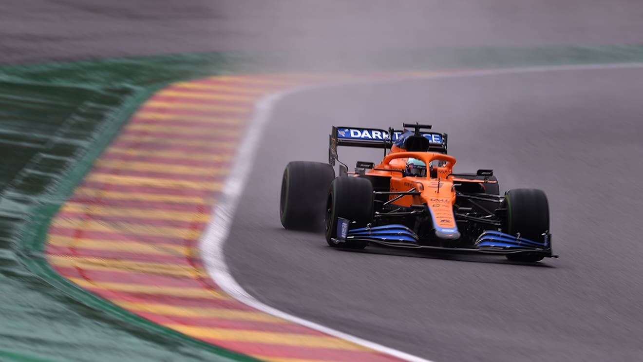 SPA, BELGIUM - AUGUST 28: Daniel Ricciardo of Australia driving the (3) McLaren F1 Team MCL35M Mercedes during qualifying ahead of the F1 Grand Prix of Belgium at Circuit de Spa-Francorchamps on August 28, 2021 in Spa, Belgium. (Photo by Lars Baron/Getty Images)