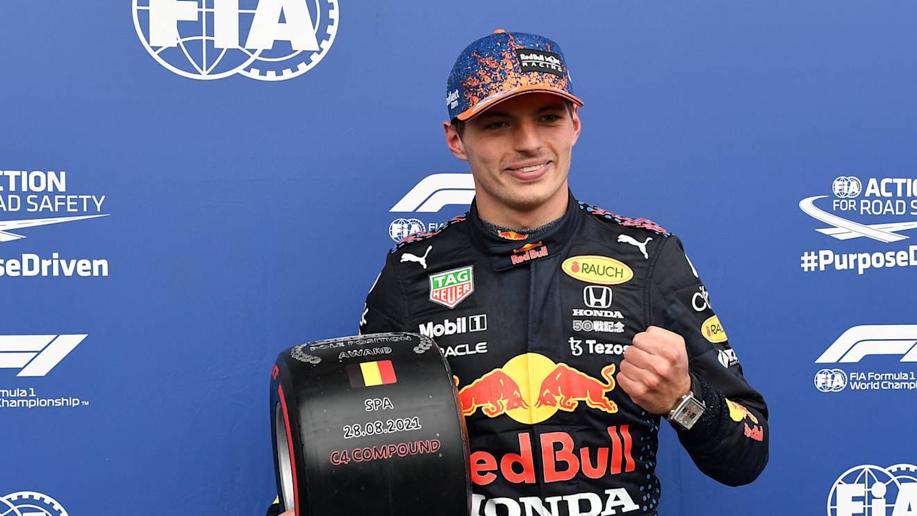 SPA, BELGIUM - AUGUST 28: Pole position qualifier Max Verstappen of Netherlands and Red Bull Racing celebrates in parc ferme during qualifying ahead of the F1 Grand Prix of Belgium at Circuit de Spa-Francorchamps on August 28, 2021 in Spa, Belgium. (Photo by John Thys - Pool/Getty Images)