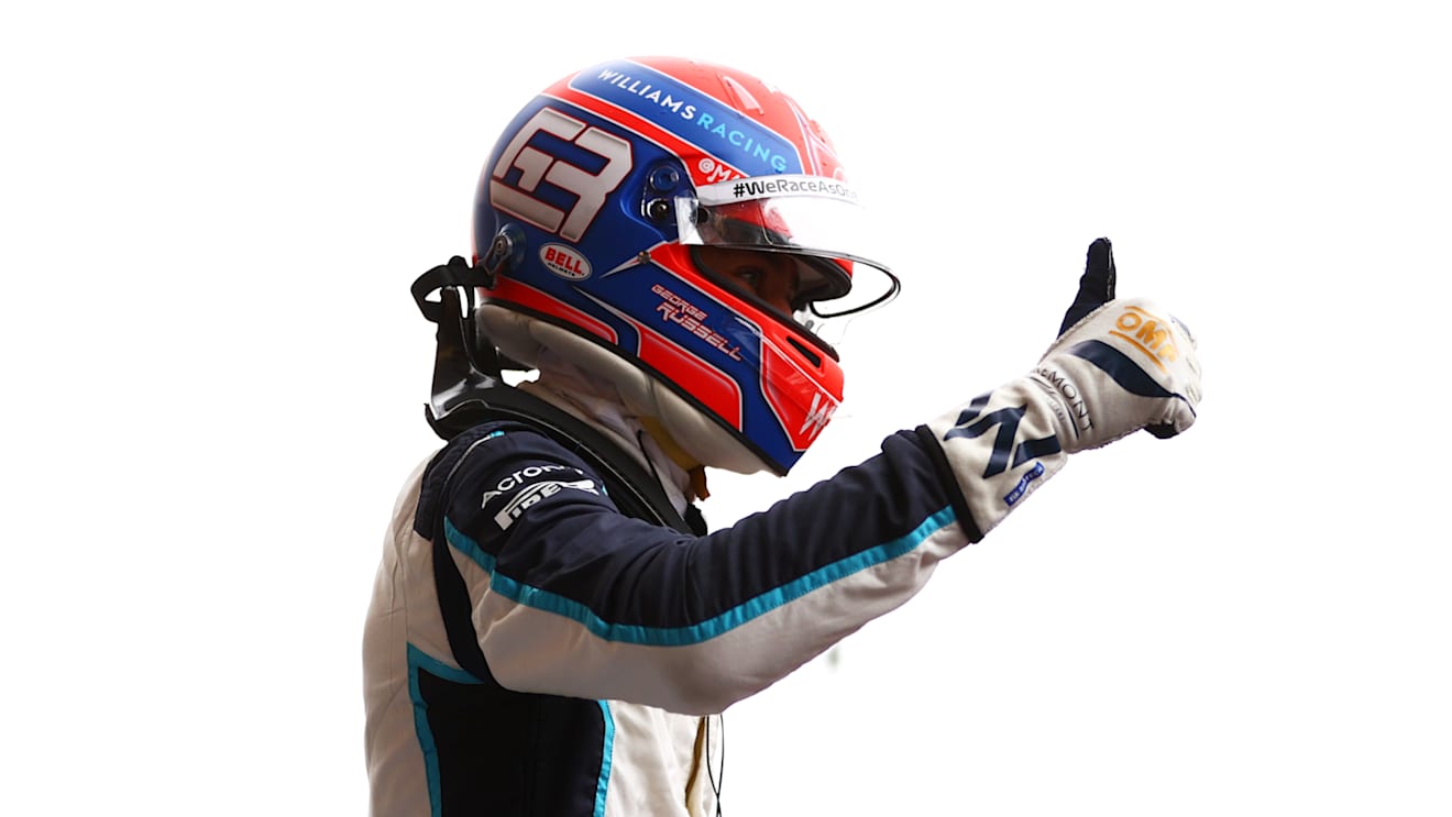 SPA, BELGIUM - AUGUST 28: Second place qualifier George Russell of Great Britain and Williams celebrates in parc ferme during qualifying ahead of the F1 Grand Prix of Belgium at Circuit de Spa-Francorchamps on August 28, 2021 in Spa, Belgium. (Photo by Dan Istitene - Formula 1/Formula 1 via Getty Images)