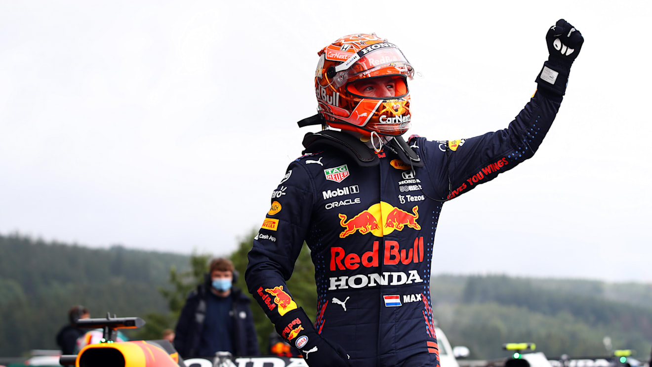 SPA, BELGIUM - AUGUST 28: Pole position qualifier Max Verstappen of Netherlands and Red Bull Racing celebrates in parc ferme during qualifying ahead of the F1 Grand Prix of Belgium at Circuit de Spa-Francorchamps on August 28, 2021 in Spa, Belgium. (Photo by Mark Thompson/Getty Images)