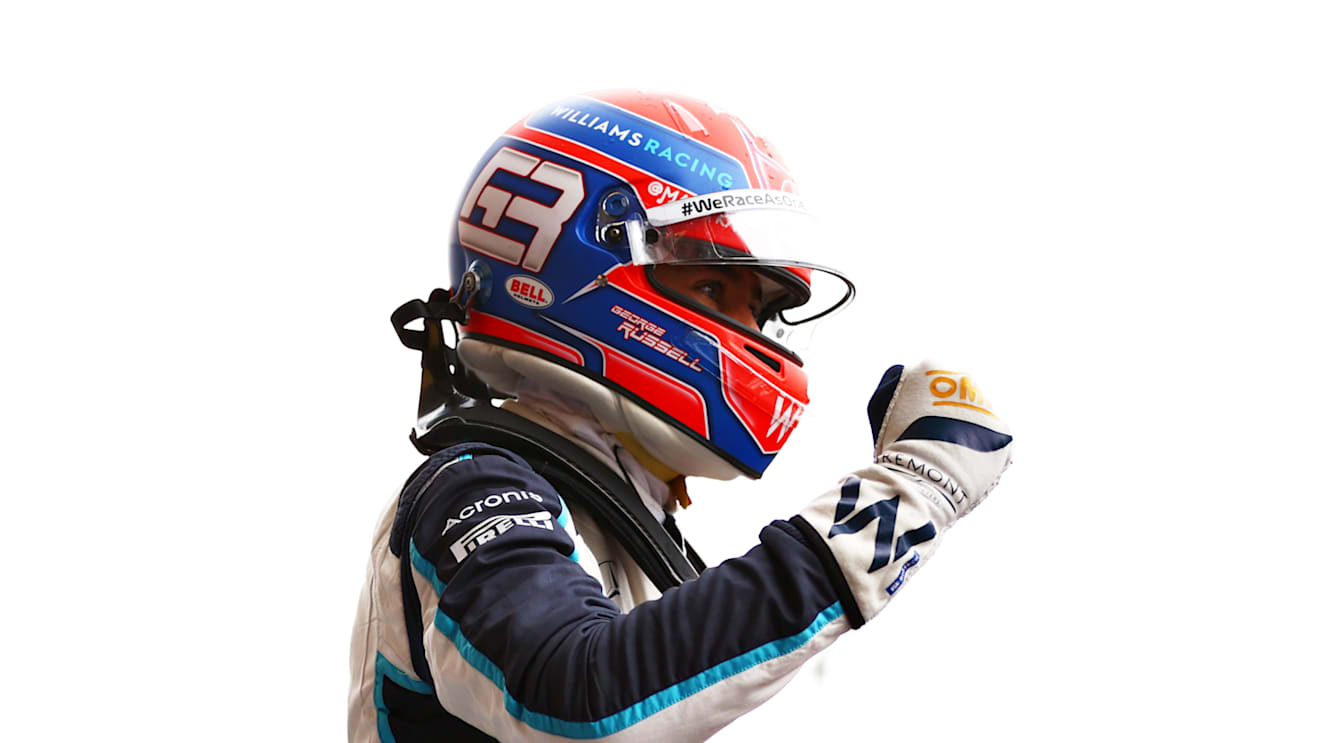 SPA, BELGIUM - AUGUST 28: Second place qualifier George Russell of Great Britain and Williams celebrates in parc ferme during qualifying ahead of the F1 Grand Prix of Belgium at Circuit de Spa-Francorchamps on August 28, 2021 in Spa, Belgium. (Photo by Dan Istitene - Formula 1/Formula 1 via Getty Images)