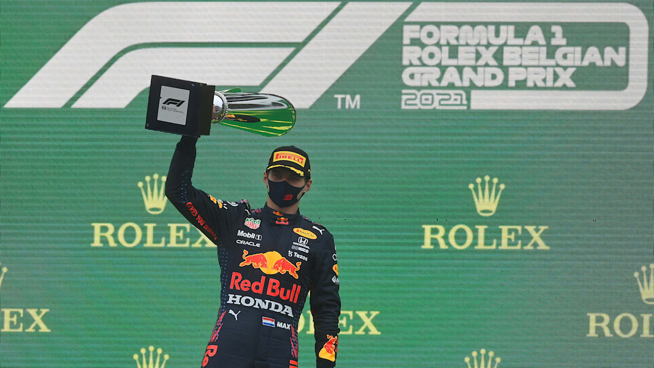 SPA, BELGIUM - AUGUST 29: Race winner Max Verstappen of Netherlands and Red Bull Racing celebrates on the podium during the F1 Grand Prix of Belgium at Circuit de Spa-Francorchamps on August 29, 2021 in Spa, Belgium. (Photo by Dan Mullan/Getty Images)