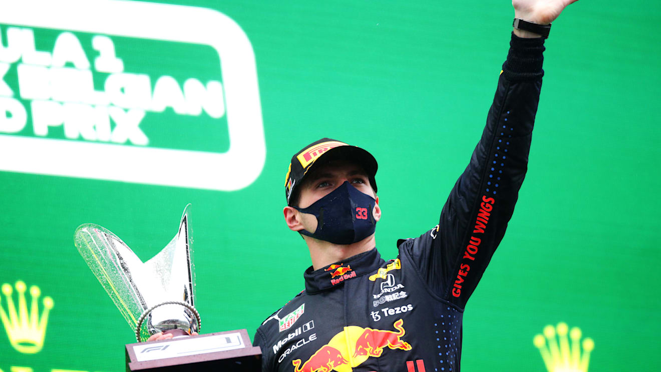SPA, BELGIUM - AUGUST 29: Race winner Max Verstappen of Netherlands and Red Bull Racing celebrates on the podium during the F1 Grand Prix of Belgium at Circuit de Spa-Francorchamps on August 29, 2021 in Spa, Belgium. (Photo by Peter Fox/Getty Images)