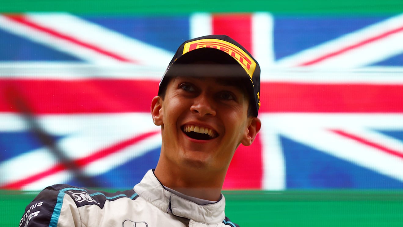 SPA, BELGIUM - AUGUST 29: Second placed George Russell of Great Britain and Williams celebrates on the podium during the F1 Grand Prix of Belgium at Circuit de Spa-Francorchamps on August 29, 2021 in Spa, Belgium. (Photo by Dan Istitene - Formula 1/Formula 1 via Getty Images)