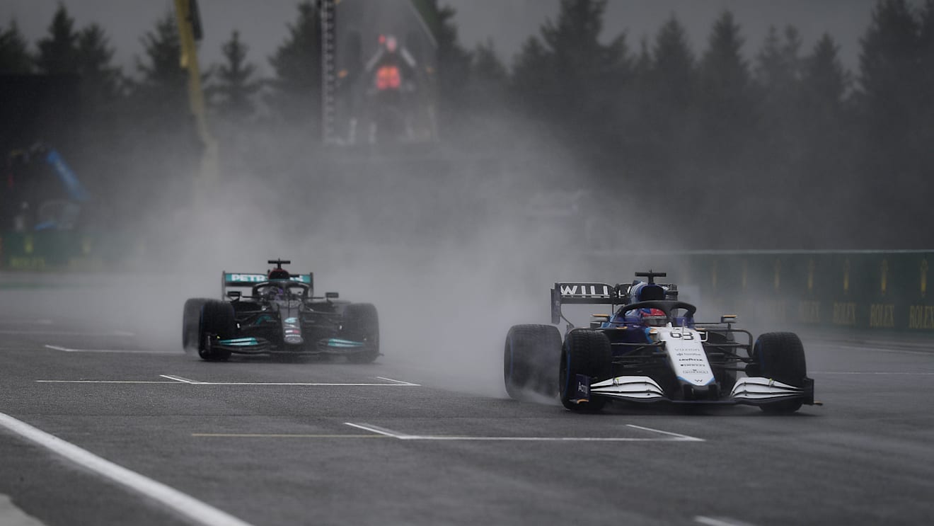 SPA, BELGIUM - AUGUST 29: George Russell of Great Britain driving the (63) Williams Racing FW43B Mercedes during the F1 Grand Prix of Belgium at Circuit de Spa-Francorchamps on August 29, 2021 in Spa, Belgium. (Photo by Mario Renzi - Formula 1/Formula 1 via Getty Images)
