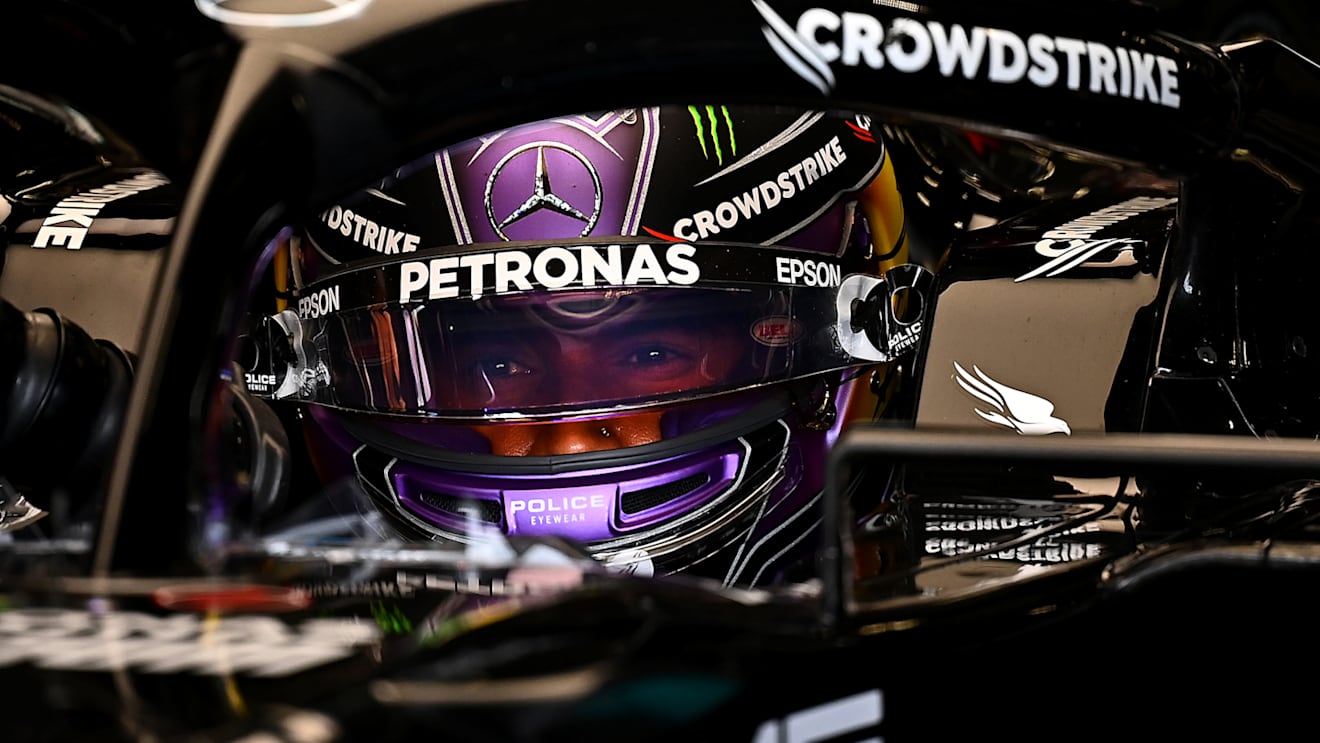 SAO PAULO, BRAZIL - NOVEMBER 12: Lewis Hamilton of Great Britain and Mercedes GP prepares to drive in the garage during practice ahead of the F1 Grand Prix of Brazil at Autodromo Jose Carlos Pace on November 12, 2021 in Sao Paulo, Brazil. (Photo by Clive Mason - Formula 1/Formula 1 via Getty Images)