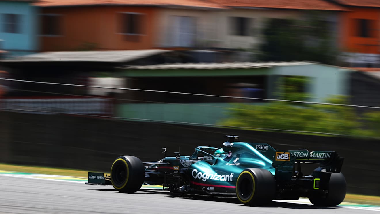 SAO PAULO, BRAZIL - NOVEMBER 13: Lance Stroll of Canada driving the (18) Aston Martin AMR21 Mercedes during practice ahead of the F1 Grand Prix of Brazil at Autodromo Jose Carlos Pace on November 13, 2021 in Sao Paulo, Brazil. (Photo by Bryn Lennon - Formula 1/Formula 1 via Getty Images)