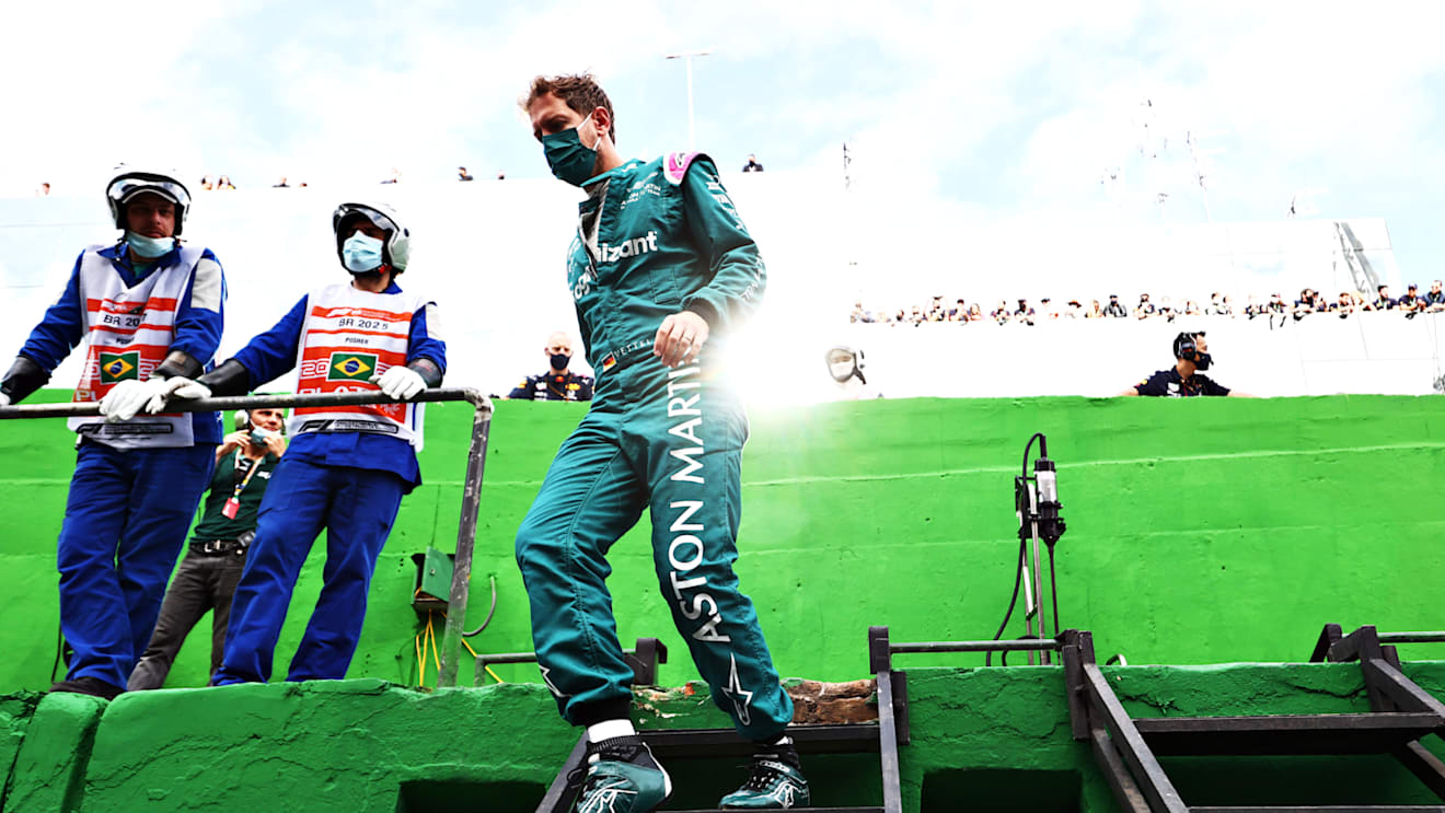 SAO PAULO, BRAZIL - NOVEMBER 13: Sebastian Vettel of Germany and Aston Martin F1 Team prepares to drive on the grid during the sprint ahead of the F1 Grand Prix of Brazil at Autodromo Jose Carlos Pace on November 13, 2021 in Sao Paulo, Brazil. (Photo by Mark Thompson/Getty Images)
