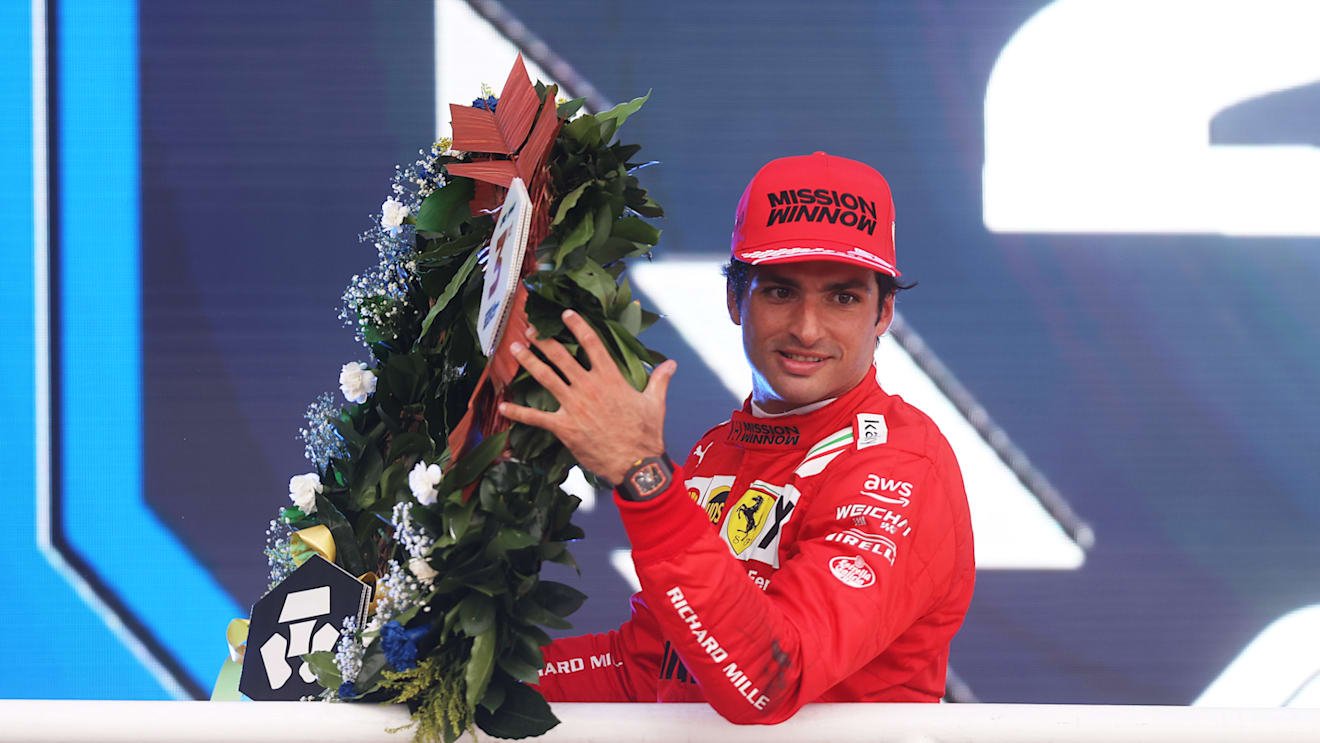 SAO PAULO, BRAZIL - NOVEMBER 13: Third placed Carlos Sainz of Spain and Ferrari celebrates after the sprint ahead of the F1 Grand Prix of Brazil at Autodromo Jose Carlos Pace on November 13, 2021 in Sao Paulo, Brazil. (Photo by Lars Baron/Getty Images)