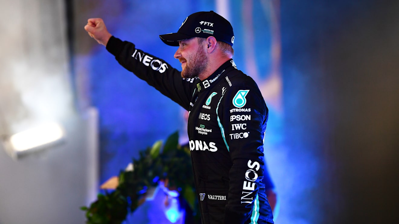 SAO PAULO, BRAZIL - NOVEMBER 13: Sprint winner Valtteri Bottas of Finland and Mercedes GP celebrates after the sprint ahead of the F1 Grand Prix of Brazil at Autodromo Jose Carlos Pace on November 13, 2021 in Sao Paulo, Brazil. (Photo by Mario Renzi - Formula 1/Formula 1 via Getty Images)