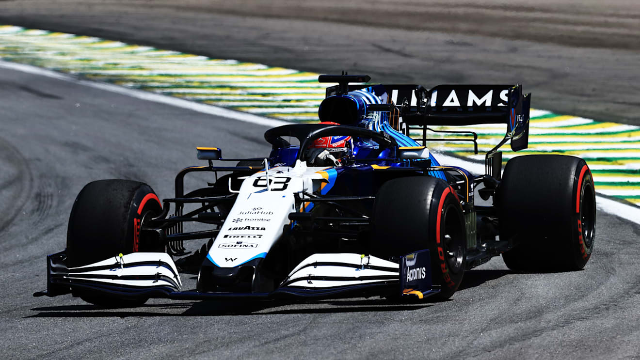 SAO PAULO, BRAZIL - NOVEMBER 14: George Russell of Great Britain driving the (63) Williams Racing FW43B Mercedes on his way to the grid before the F1 Grand Prix of Brazil at Autodromo Jose Carlos Pace on November 14, 2021 in Sao Paulo, Brazil. (Photo by Buda Mendes/Getty Images)