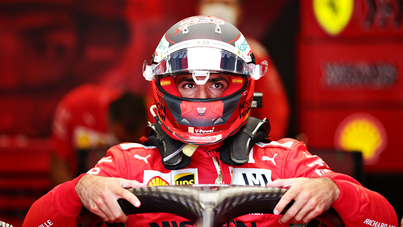 SAO PAULO, BRAZIL - NOVEMBER 14: Carlos Sainz of Spain and Ferrari prepares to drive in the garage before the F1 Grand Prix of Brazil at Autodromo Jose Carlos Pace on November 14, 2021 in Sao Paulo, Brazil. (Photo by Peter Fox/Getty Images)
