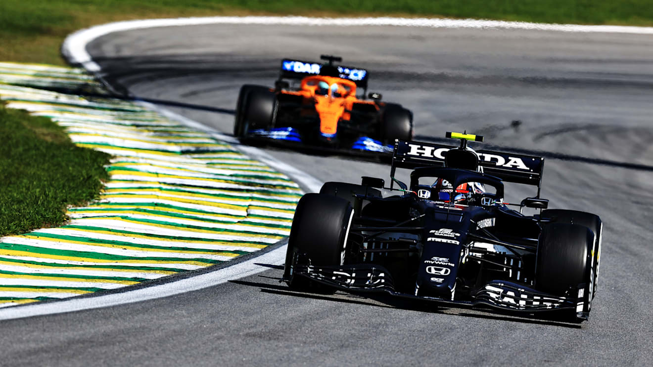 SAO PAULO, BRAZIL - NOVEMBER 14: Pierre Gasly of France driving the (10) Scuderia AlphaTauri AT02 Honda during the F1 Grand Prix of Brazil at Autodromo Jose Carlos Pace on November 14, 2021 in Sao Paulo, Brazil. (Photo by Buda Mendes/Getty Images)
