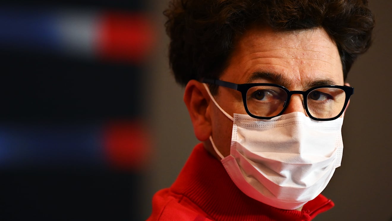 IMOLA, ITALY - APRIL 16: Scuderia Ferrari Team Principal Mattia Binotto talks in the Team Principals Press Conference during practice ahead of the F1 Grand Prix of Emilia Romagna at Autodromo Enzo e Dino Ferrari on April 16, 2021 in Imola, Italy. (Photo by Clive Mason/Getty Images)