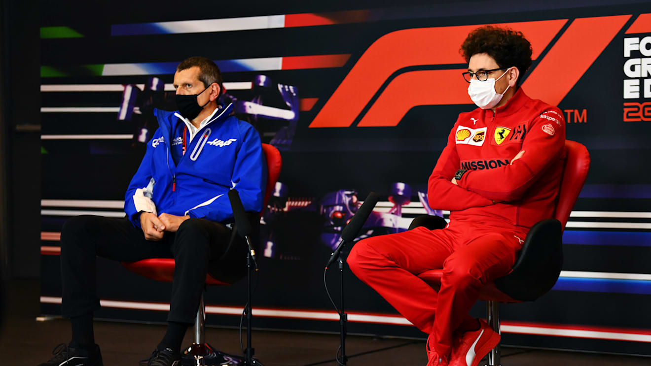 IMOLA, ITALY - APRIL 16: Scuderia Ferrari Team Principal Mattia Binotto and Haas F1 Team Principal Guenther Steiner talk in the Team Principals Press Conference during practice ahead of the F1 Grand Prix of Emilia Romagna at Autodromo Enzo e Dino Ferrari on April 16, 2021 in Imola, Italy. (Photo by Clive Mason/Getty Images)